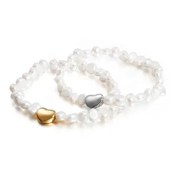 New Fashion Bridesmaid Jewelry Handmade Stretch White Pearl Bracelet With Heart Charm