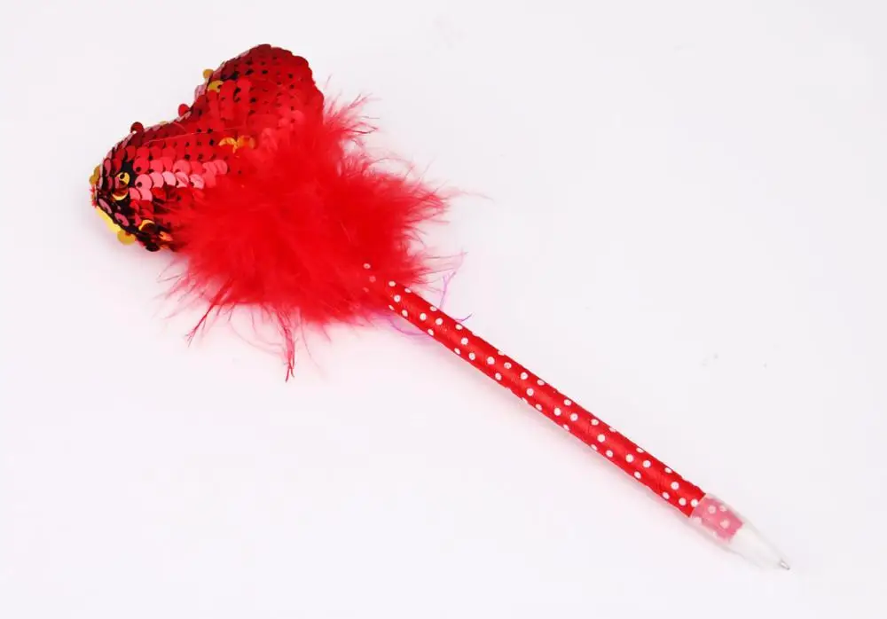 Promotional bling sequin heart shape ball pen, hearts ball pens with pink feather pen