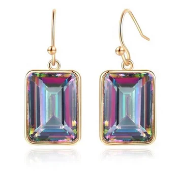 925 Sterling Silver Emerald Cut Yellow Gold Plated Mystic Topaz Drop Earring