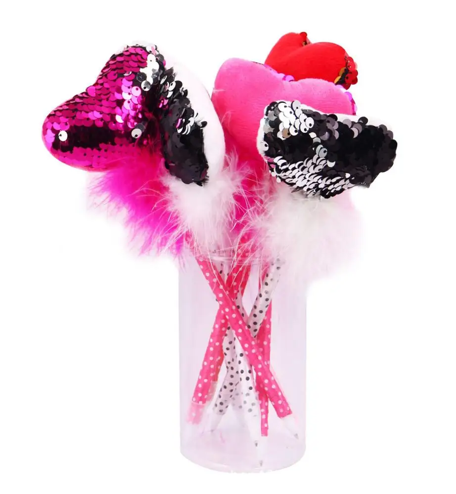 Promotional bling sequin heart shape ball pen, hearts ball pens with pink feather pen
