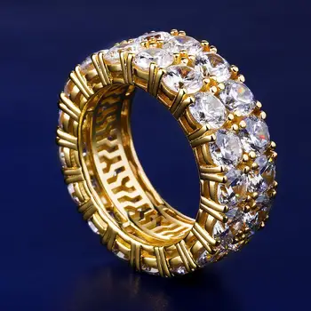 KRKC&CO CZ Iced Out Two Row CZ Stone Ring Gold Plated Bling Ring Hip Hop Men's Finger Ring Wholesales Jewelry