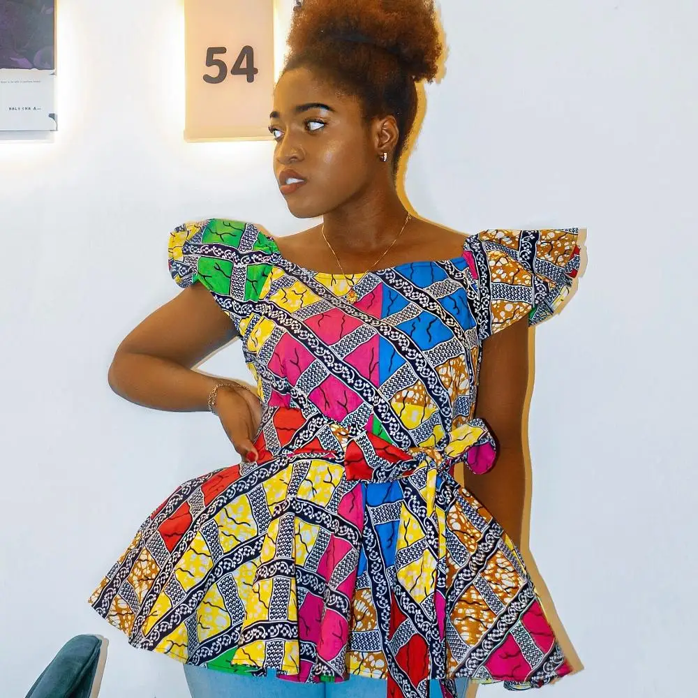 Shenbolen Women African Print Shirt Ankara Long Sleeves Top 