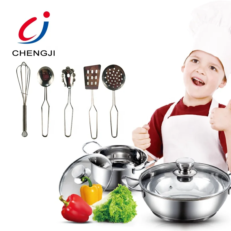 Hot selling tableware ketchin ware cookware set kitchen realistic metal cooking stainless steel kitchen set toy