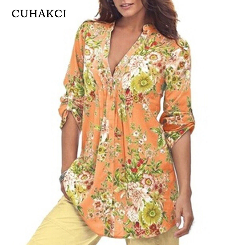 Autumn Women Floral Print Blouses Long 