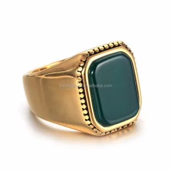 NEW Retro Men gold plated square green and red stone ring
