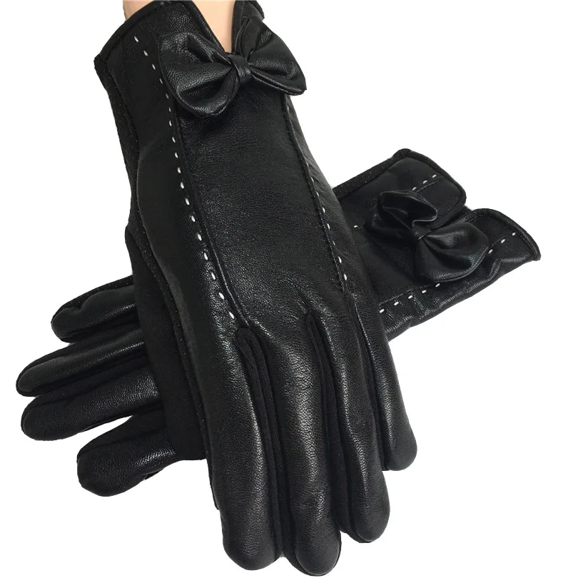 Winter Autumn Warm Women Butterfly Gloves PU Leather Faux Fur Full Finger Gloves 