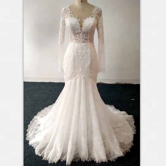 Long Sleeve V Neck Wedding Gown 