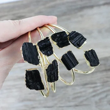 LS-J238 gem bangle with black tourmaline 24k real gold plated high quality cuff