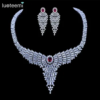 LUOTEEMI Brand Jewelry New Simple Elegant White Gold Plated Cubic Zirconia Big Choker Necklace Earrings Bridal Sets