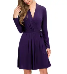 Hot Sell Women Fashion Clothes Elegant Casual Belted Faux Wrap Midi Dress