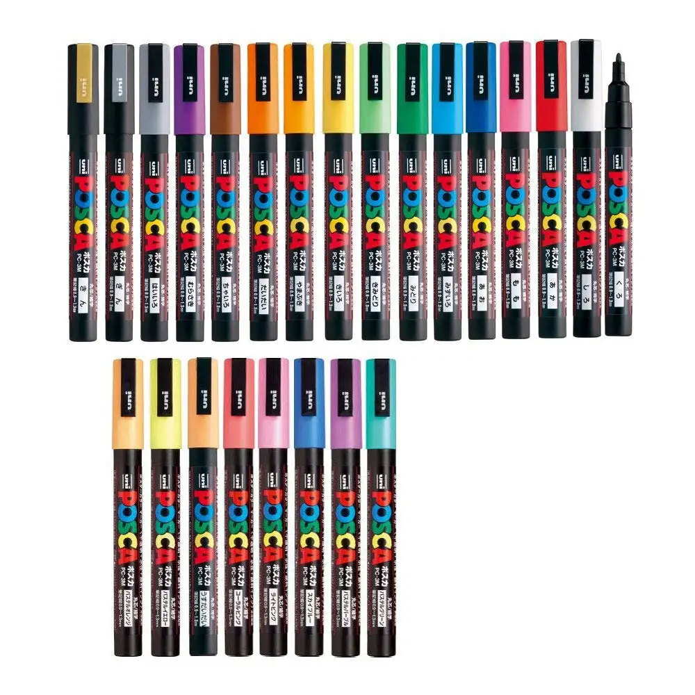 Uni Posca Paint Marker FULL RANGE Bundle Set, Mitsubishi ALL Natural & Goud & Silver Pen Fine Point 24 Kleur (PC-3M)