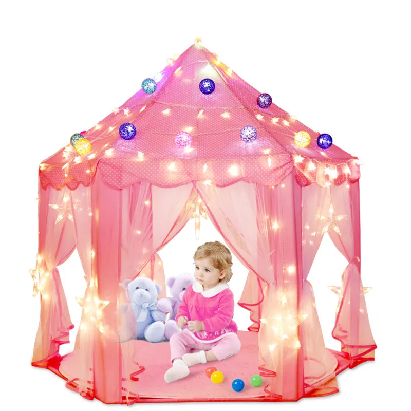 Indoor Outdoor Pink Princess Castle Play Tent Girl Tent House Hexagon w/ Lights 