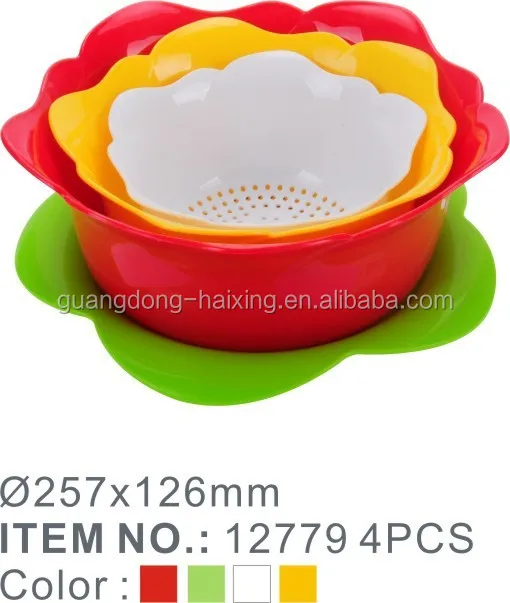 Haixing Factory Price 4pcs Rose Colander Set with Base Plastic Flower Shape Colander with Strainer