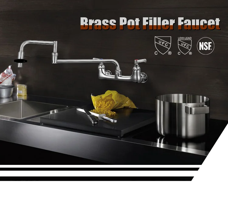 Double-Joint Faucet Wall Mount Double Handles Brass Kitchen Sink Pot Filler Faucet with Folding Nozzle