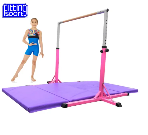 Gymnastic Bar with Cushioned Bar Pad for Fiberglass Rail with Curved Legs Gloves Pink Gymnastic Kip Bar Horizontal Bar Expandable Height for Kids Junior Gymnastics 4'x6' Mat- Adjustable 3 to 5 FT 