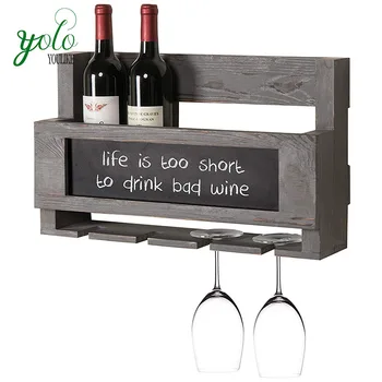 Wholesale High Quality Rustic Grey Wood Wall Mounted Wine Glass Bottle Rack With Chalkboard