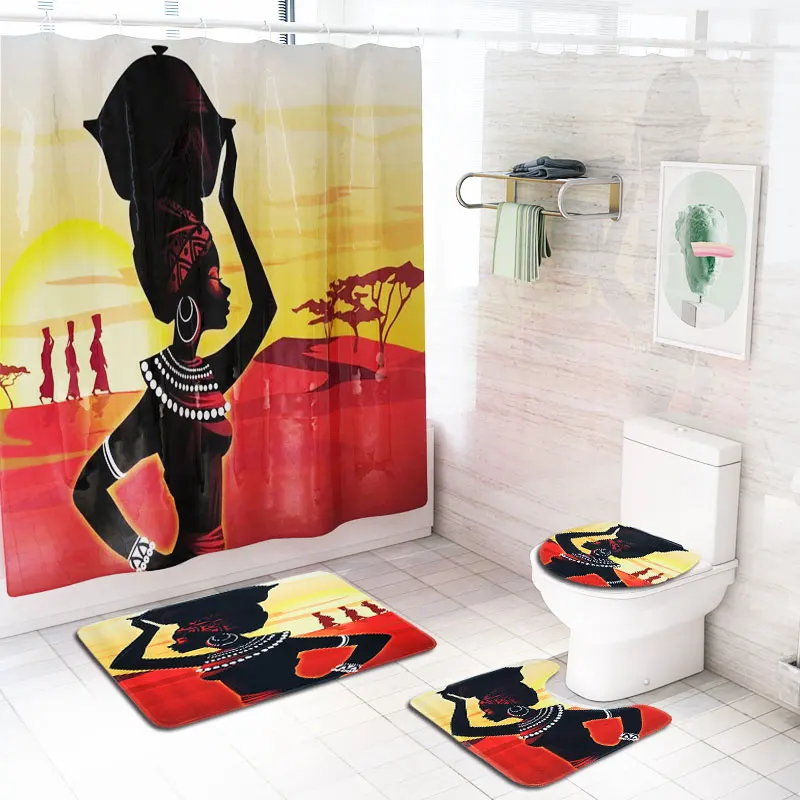 3Pcs Leave Printed Complete Bathroom Rug Set Shower Curtain+Contour Rug+Bath Mat 