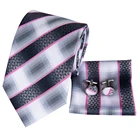 Gray Tie Latest Fashion Custom Made Gray White Striped Necktie 100% Silk Neck Tie And Pocket Squares Set
