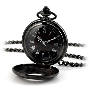 Hot Sales Fashion Fob Watch Roman Numerals Design Quartz Clock Alloy Men Women Necklace Chain Black Pocket Watch