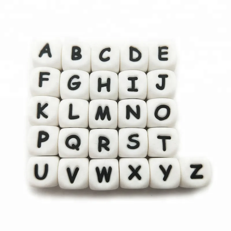 Silicona Letras Cuentas de Dentición,10pcs English Alphabet 12mm Cube Haga su propio kit de bricolaje a granel Nombre personalizado Baby Teether Chew Beads Sin BPA 