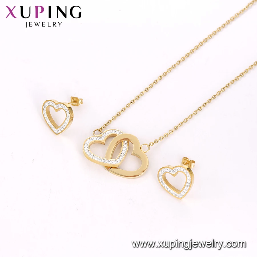 S-140 Xuping stainless steel women set jewelry heart shaped design saudi gold two pieces earring and necklace set