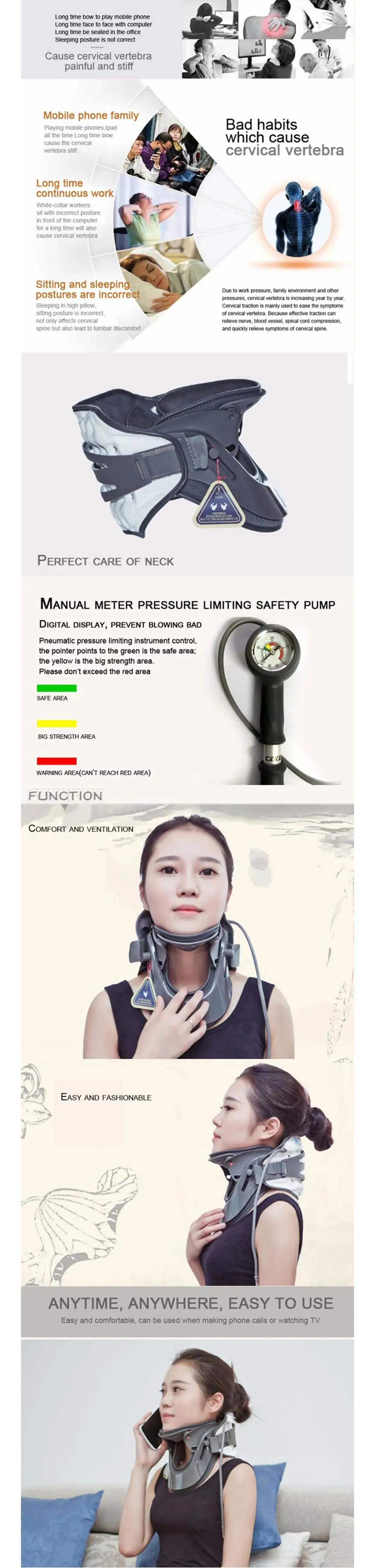 Lightweight Cervical Neck Collar with Air Pump Traction Ergonomic Neck Support Brace for Cervical Spine Syndrome Headache Relief
