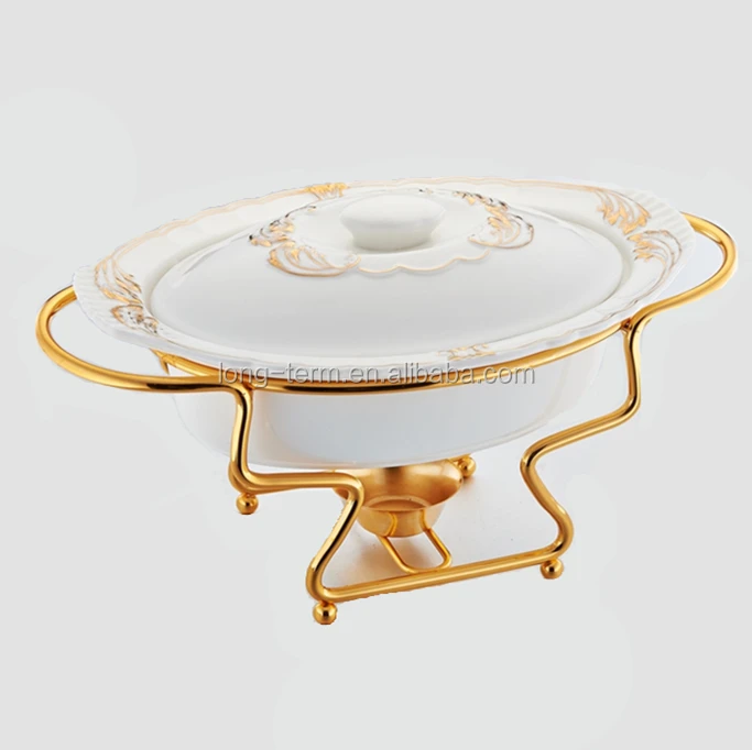 Wholesale restaurant used luxury oval shape marble buffet ceramic food warmer with stand