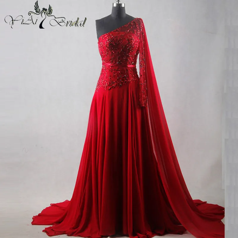 red chiffon evening dress