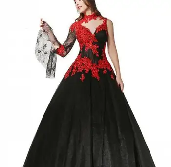 ZH1545X Gothic Black and Red Wedding Dresses 2022 New Design Floor Length Beads Applique A-Line One Sleeve High Neck Lace Tulle