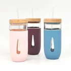 Glass Glass Glass New Bottle Design Silicone Sleeves Borosilicate Glass Tumbler With Wood Lid And Straw