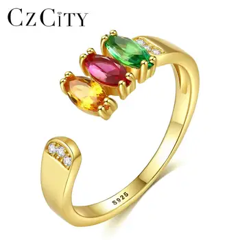 CZCITY Personalized Gold Plating Pave Lab Synthetic Gemstone Ladies 925 Sterling Silver Open Gemstone Rings