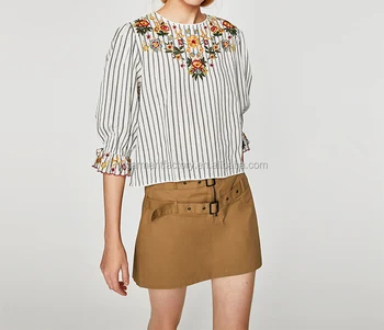 Spring floral embroidery tops long sleeve stripe blouses wholesale STb-096