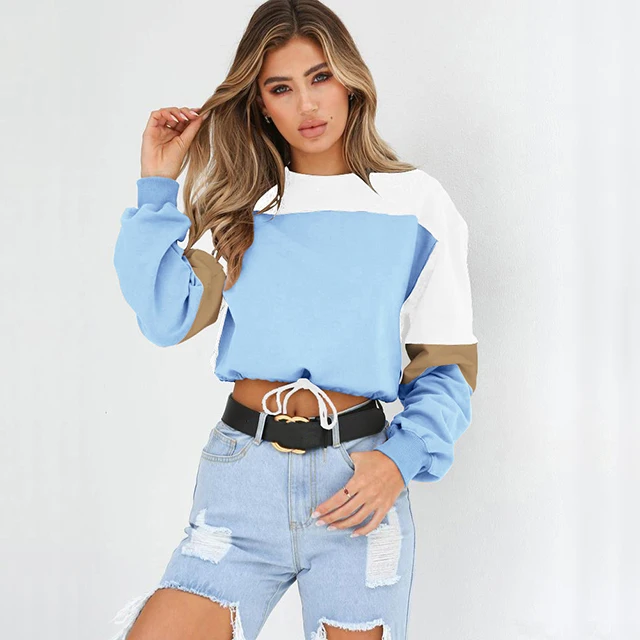 Womens Sweatshirt-Drawstring Hem Color Block Crop Top Pullover 