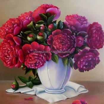 Factory wholesale red flowers diy handmade crystal art painting wall art on canvas