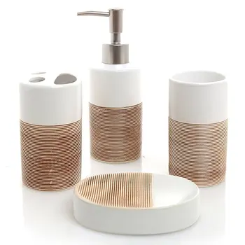 4 Piece White & Beige Ceramic Bathroom Set w/ Soap Dispenser, Toothbrush Holder, Tumbler & Soap Dish