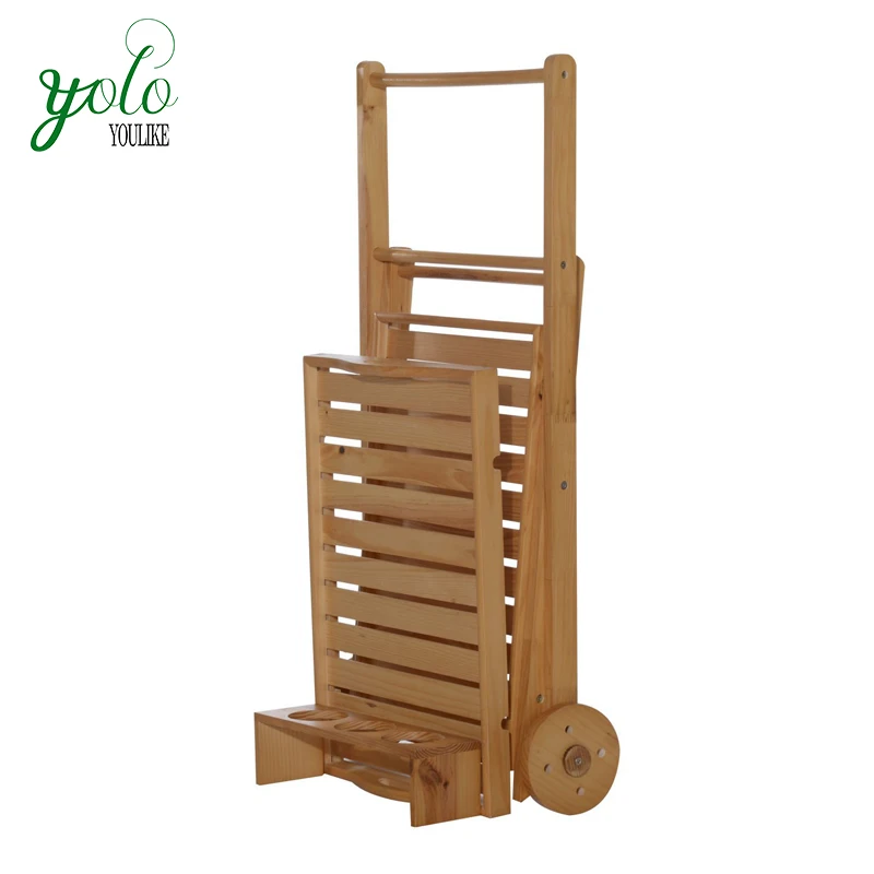Folding Rolling Kitchen bamboo Wooden Cart Trolley with wine rack tray