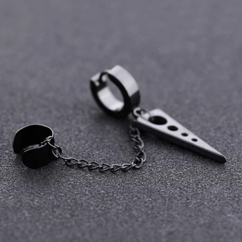 Black Silver Hip Hop Punk Style Stainless Steel Ear Cartilage Clip Long Chain Triangle Dangle Huggie Hoop Earrings For Men Women