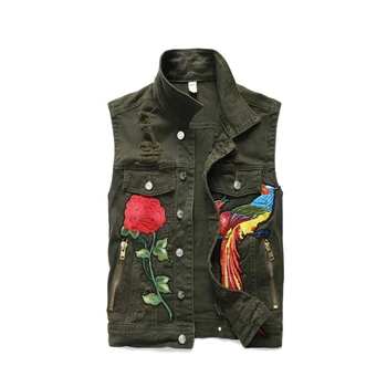 Green top quality mens embroidery denim waistcoat ripped destoryed vest wholesale weskit for man