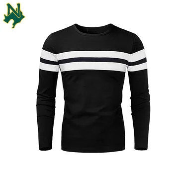 Men's Round Neck Color Block Long Sleeve Stretchy Slim T-Shirt Top Double Custom Pattern White Stripe Black T Shirt