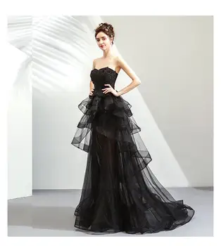 A Line Black Organza Ruffles Hemline Lace Wedding Dress Black Strapless Sexy See-through Lace Birthday evening party dress