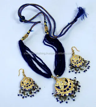 Vintage Rajasthani Golden Blue Lakh Necklace and Earring Set