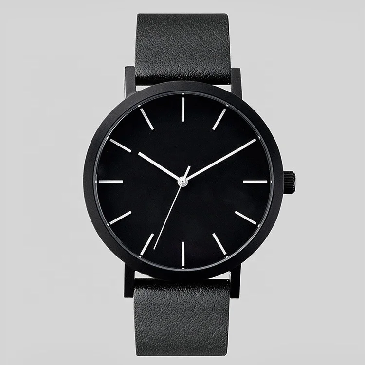 Round Classic Genuine Leather Strap Alloy Watch China Factory OEM Logo Quartz Men Black Minimalist Watch