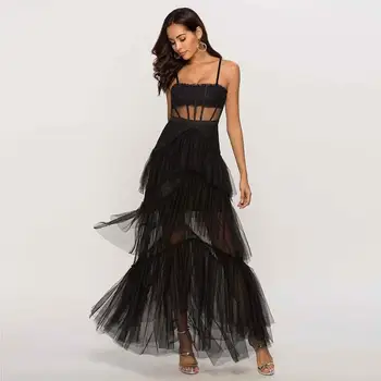A2923 New Style Strap Black Sexy See Through Lace Elegant Maxi Evening Dress For Women Party Wear