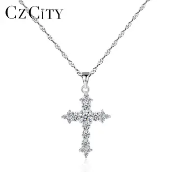 CZCITY 925 Sterling Silver Cross Necklace 3A Cubic Zirconia Cross Pendant Necklaces for Women Wholesale Jewellery