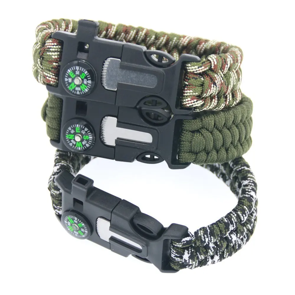 Outdoor Survival Paracord Rope Bracelet Flint Fire Starter Compass Whistle NEW