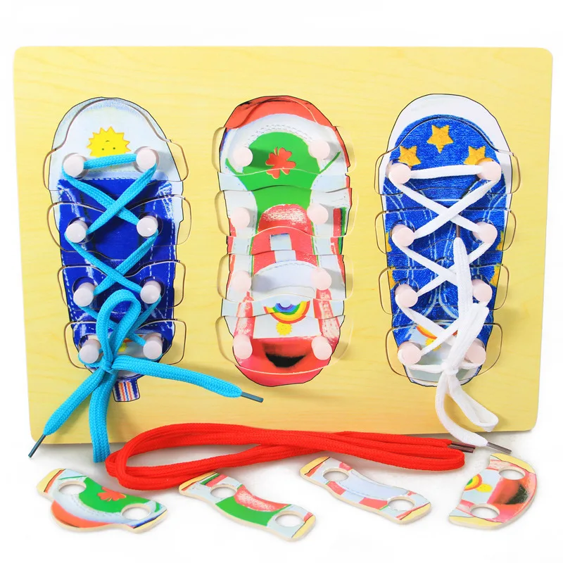 CHILDRENS WOODEN THREADING SHOE LEARN TO TIE LACES EDUCATIONAL TOY GAME ^^ 