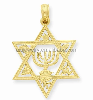 Customized 18K Yellow Gold Mezuzah Menorah Charm In star of David