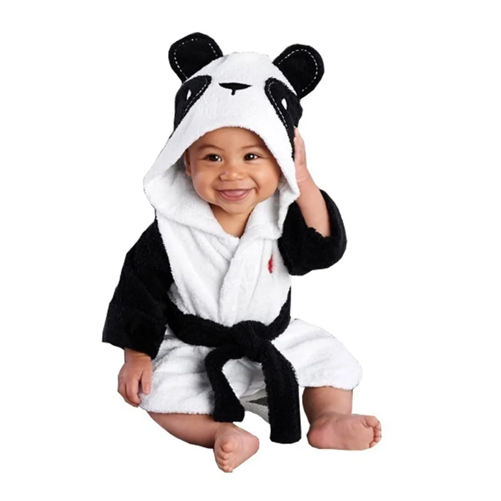 Infant Baby Boys Girls Cartoon Animal Bathrobe Coral Velvet Hooded Towel Bath Robe Long Sleeve Pajamas Clothes Black Panda, 1-2Y 