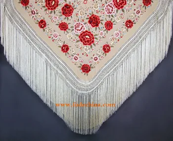 Beige multi Manton de Manila hand embroidered pure silk spanish flamenco shawl 100%pure silk