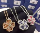 Gem Crystals Silver Pendant Silver Inlay Heart Shape 4 Leaf Clover Crystal Gem Pendant